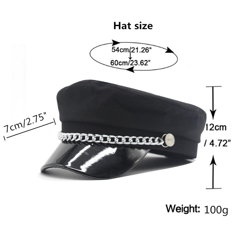 Internet Celebrities Ins Black Pu Hat Ladies Trendy Hat Chain Leather Stitching Navy Hat Curved Brim Octagonal Hat