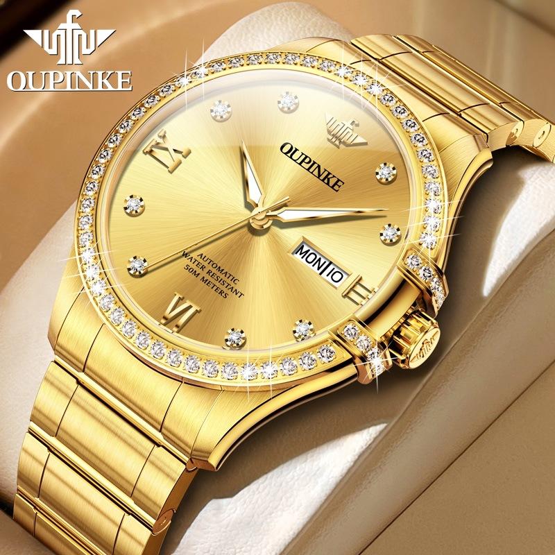 

OUPINKE Полностью автоматические механические часы, деловые часы с бриллиантами, двойной календарь, водонепроницаемые мужские часы