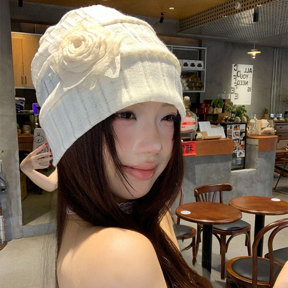 Elegant Flower Beanies Hat Sweet Sunscreen Cap Cute Knitted Hat  Spring and Summer