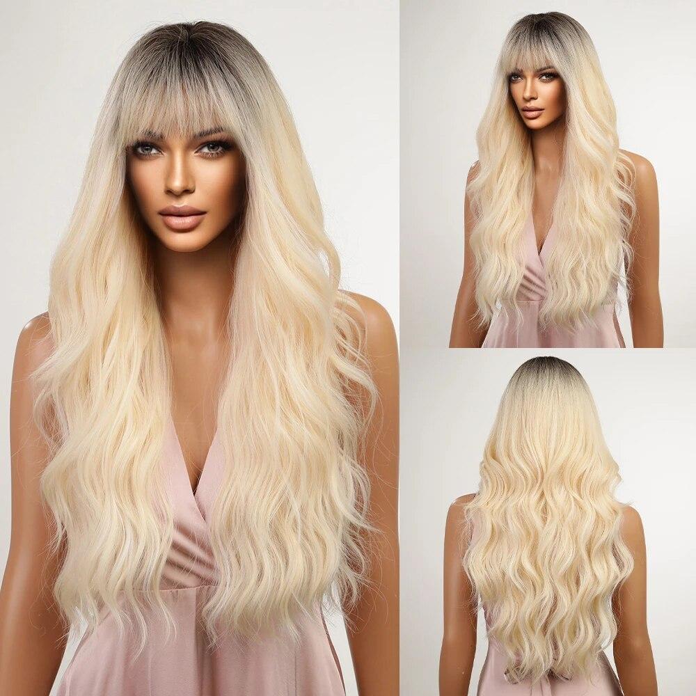 Long Water Wave Synthetic Wigs with Bangs Natural Ginger Brown Loose Curly Wavy Wig for Black White Women Heat Resistant Daily