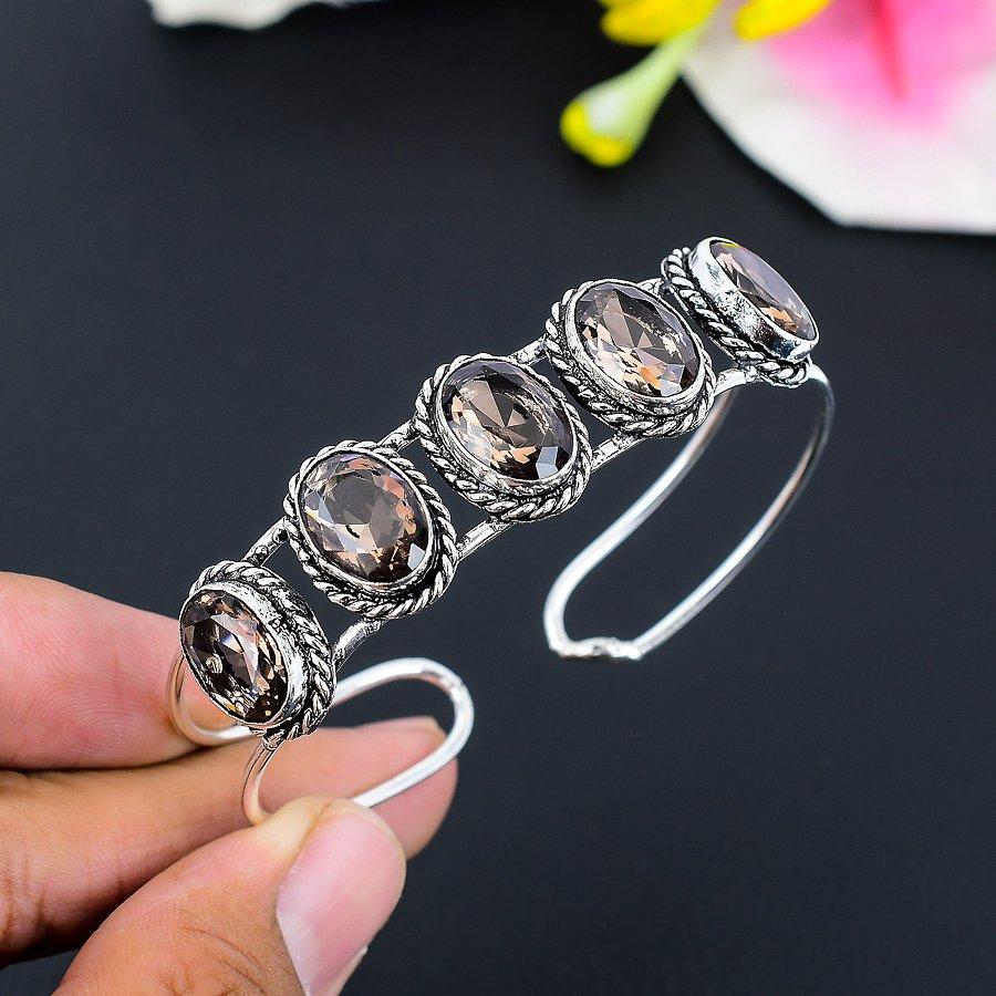 

Smoky Topaz Gemstone Handmade 925 Sterling Silver Cuff Bangle Adjustable KG-245