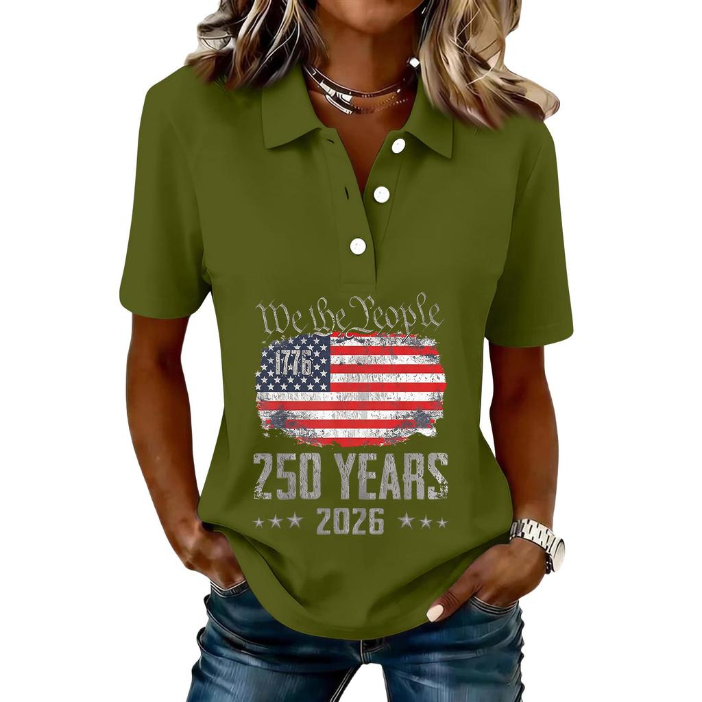 Damen Freizeit Kurzarm Hemd mit Knöpfen 250. Jubiläum Grafikdruck Polo Top für Unabhängigkeitstag Feier 2026 Gedenk-T-Shirt