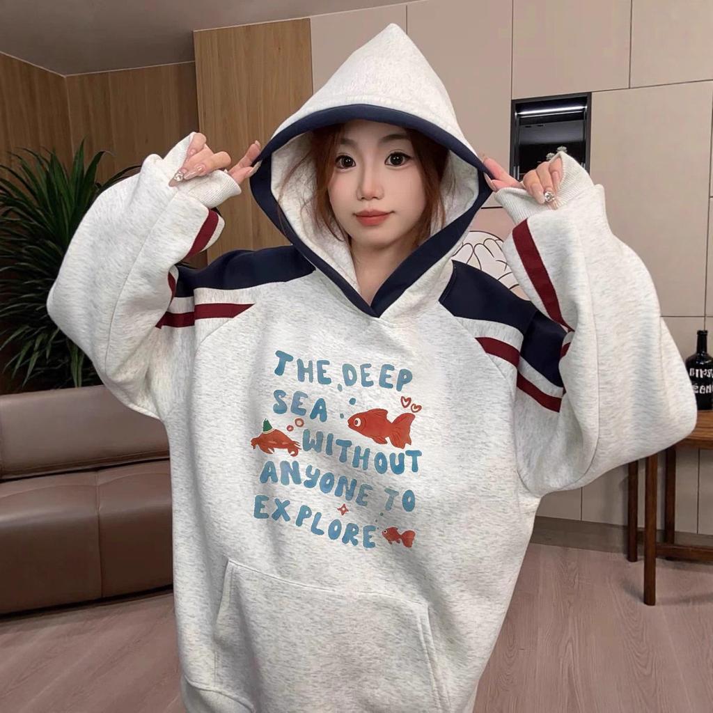 American Retro Contrasting Goldfish Hooded Sweater Men's and Women's New Autumn and Winter Loose Couple Tops