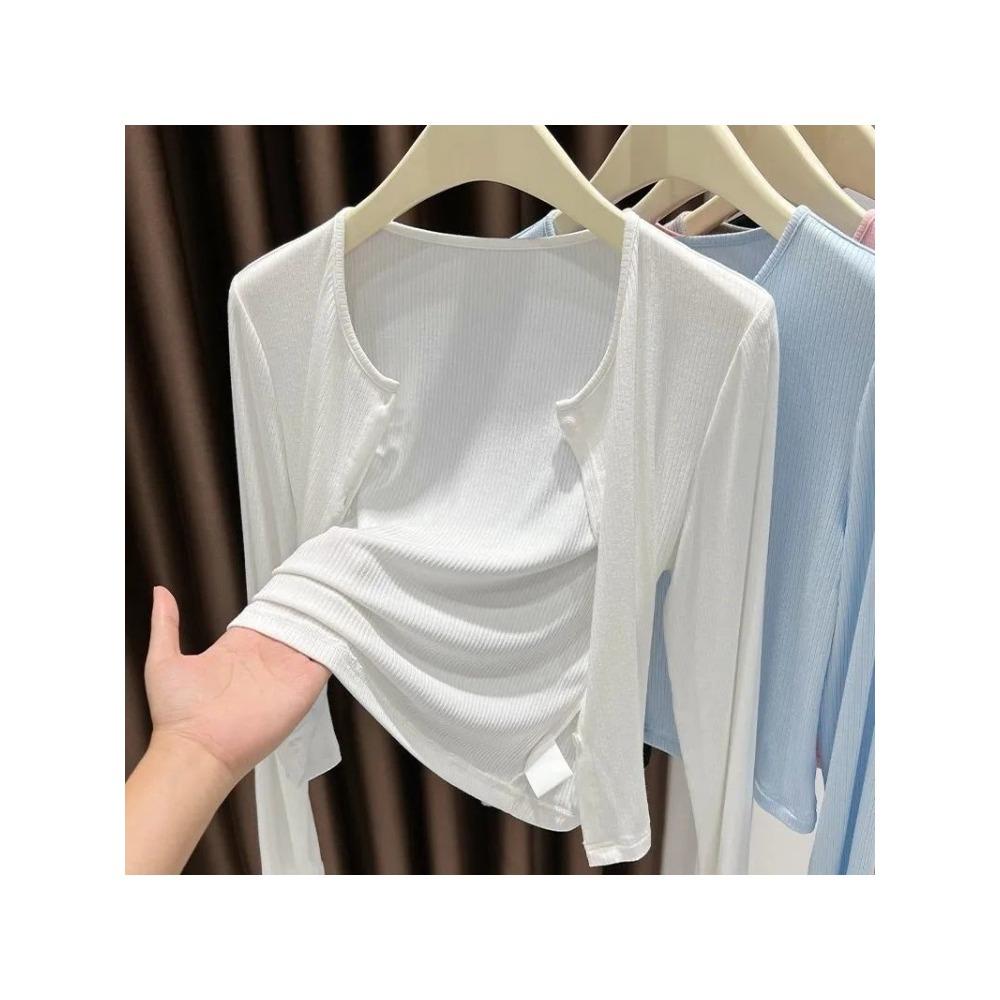 Women Grey Ribbed Thin Cardigan Shawl, Lightweight Sun Protection Air Conditioner Coat Office Summer Outerwear Cover Up