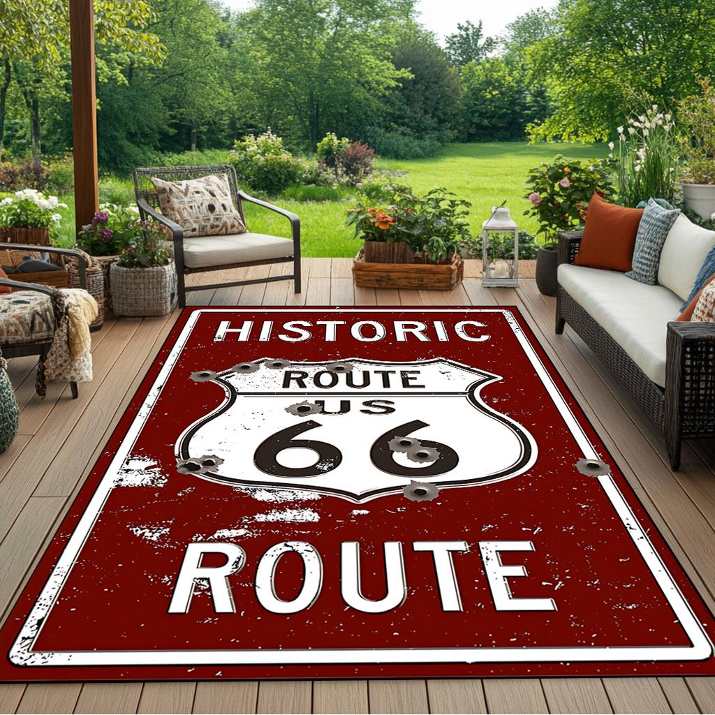 Route 66 Vintage Motorcycle Print Non-Slip Rug, Large Area Mat for Living Room Bedroom Bathroom Kitchen Decor