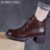 Leather Women Ankle Boots Lace Up Designer Mid Heels Shoes 2025 Trend Retro Chunky Classic Oxford Shoes Winter Botas De Mujer