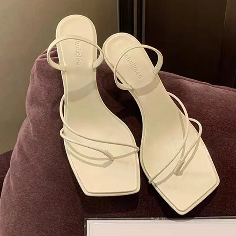 Fashion 2025 New French Fine Strap Square Head Design Sandals for Women's Summer Sexy Open Toe Clip Toe High Heel Shoes