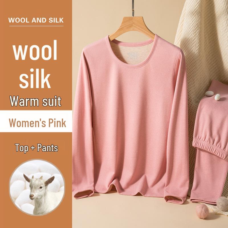 Men's and Women's Wool-Silk Fleece Lined Warm Double-Sided Brushed Underwear Set for Fall and Winter