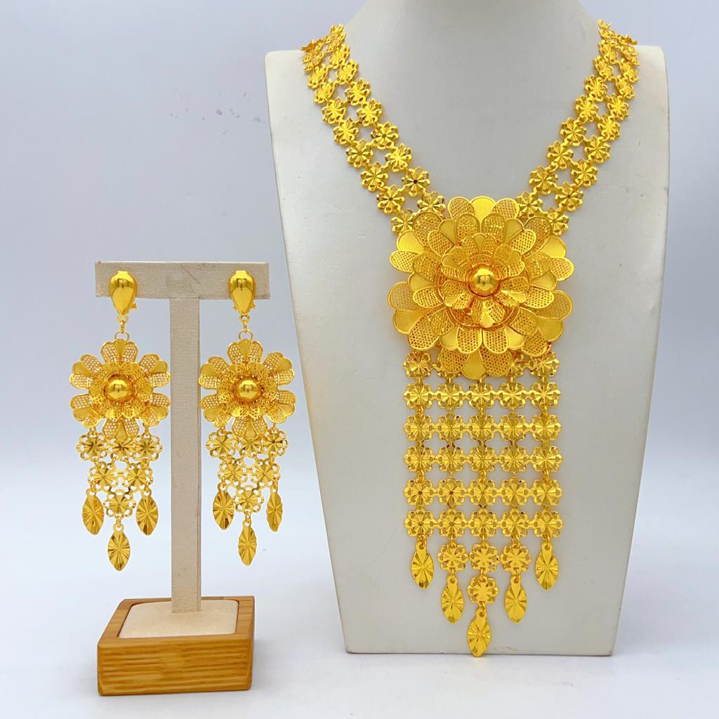 UAE Copper Alloy 24K Gold Necklace Flower Grid Women's Set Jewelry