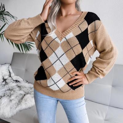 Neuer Rautenmuster-Casual-Vielseitiger V-Ausschnitt-Pullover für Mädchen