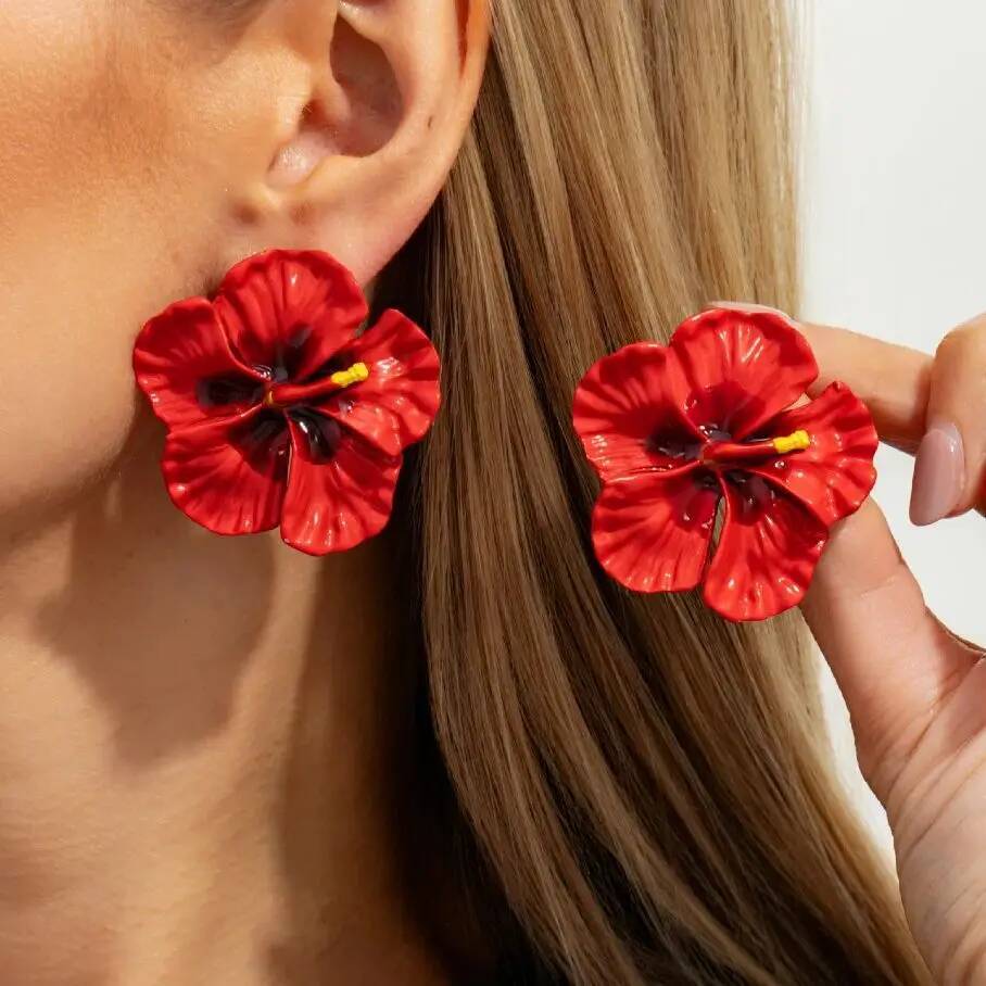 Salircon Boho Dripping Oil Colored Flower Earrings Women Vintage Exquisite Five Petal Flower Earrings Wedding Party Jewelry Gift красный