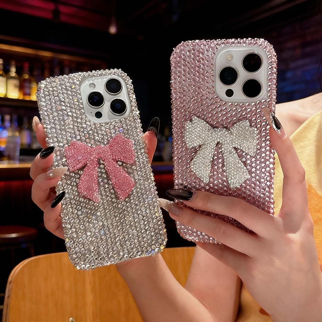 Elegant Diamond Bowknot Phone Case for 17Pro Max, 15Pro, 12, 11, 16, and 15.