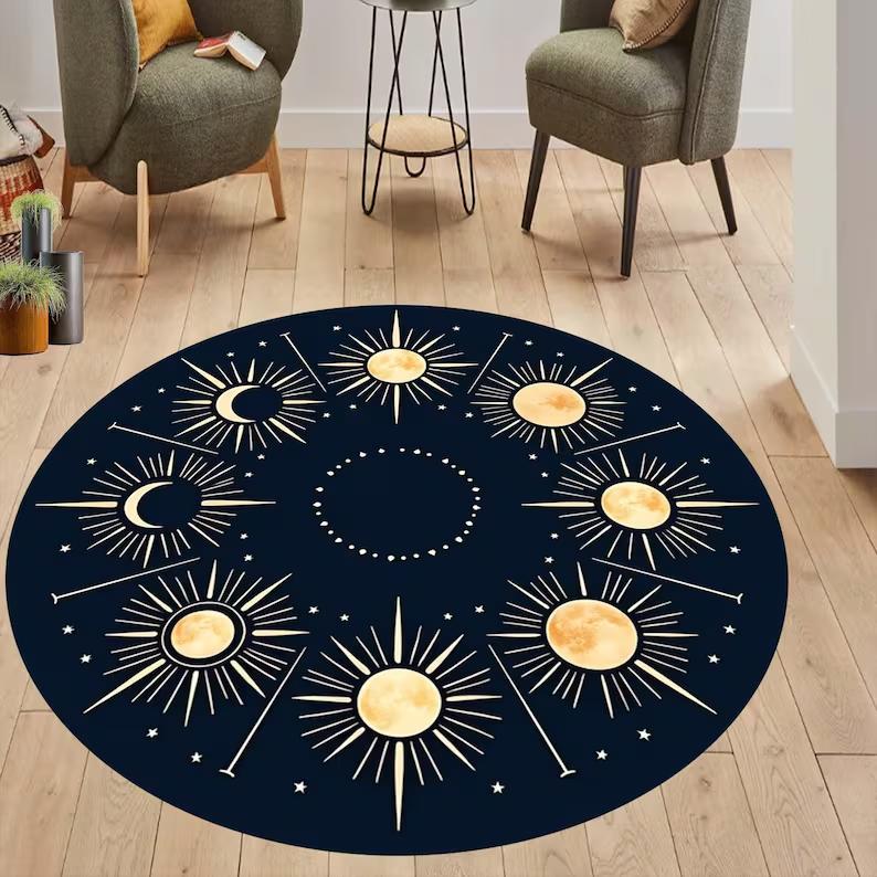 

Moon Phase Round Rug Whimsigoth Celestial Decor Living Room Decor Sofa Rug Bedroom Bedside Rug Coffee Chair Basketry Floor Mat 60cmx60cm