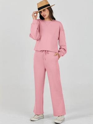 Europäisches & Amerikanisches Herbst/Winter Damen Freizeit Einfarbiges Sweatshirt & Lange Hosen Set