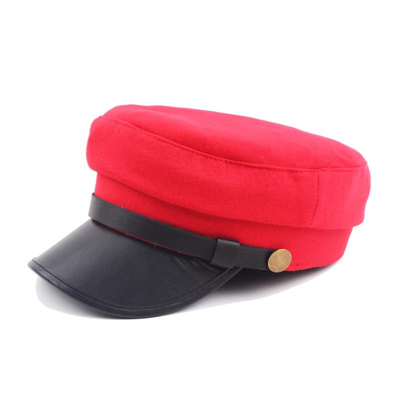 Military Cap Men Pu Leather Brim Flat Top Navy Cap Women Casual Trendy Beret Men's Hats For Casual Vintage Autumn Winter