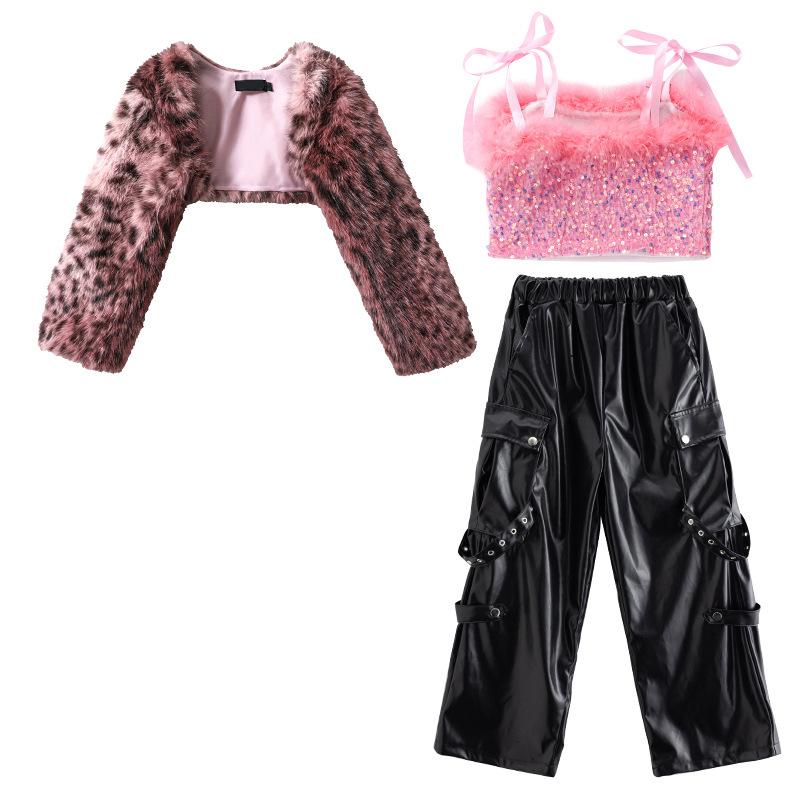 Dziewczęcy kostium do tańca jazzowego, jazz, cekiny, panterka, puszysta kurtka z długim rękawem i spodnie, kostium dla dzieci na street dance, pokaz mody