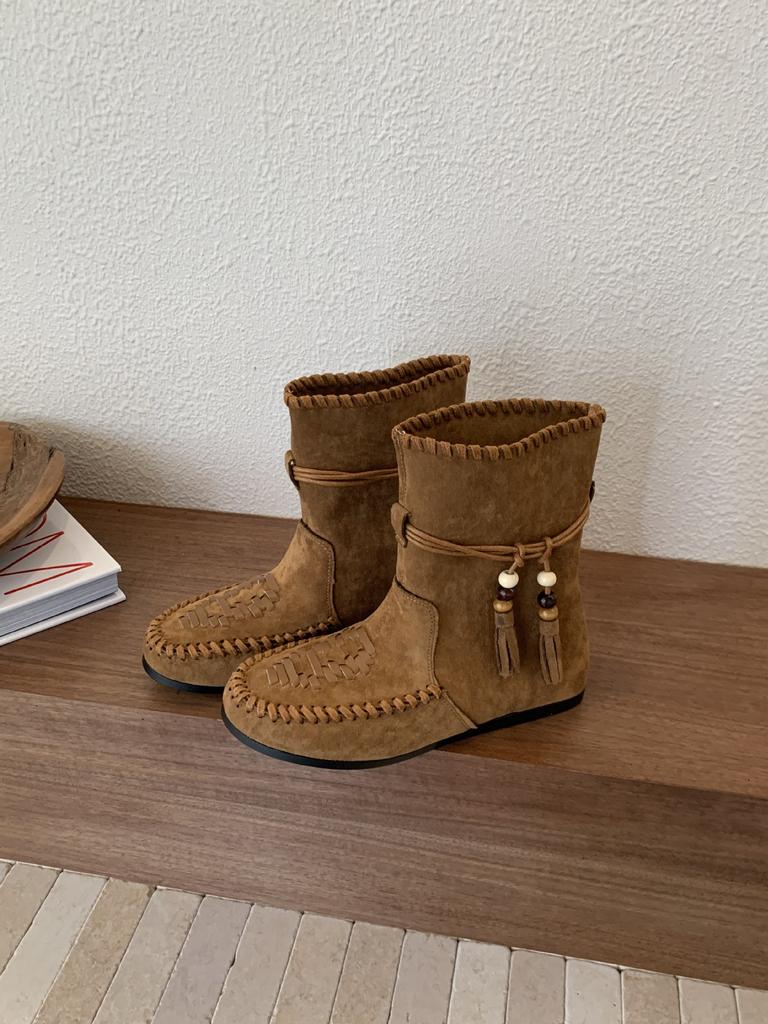 2025 Autumn New Retro Strap Fringed Boots Bosmian Flat Bottom Short Boots Women