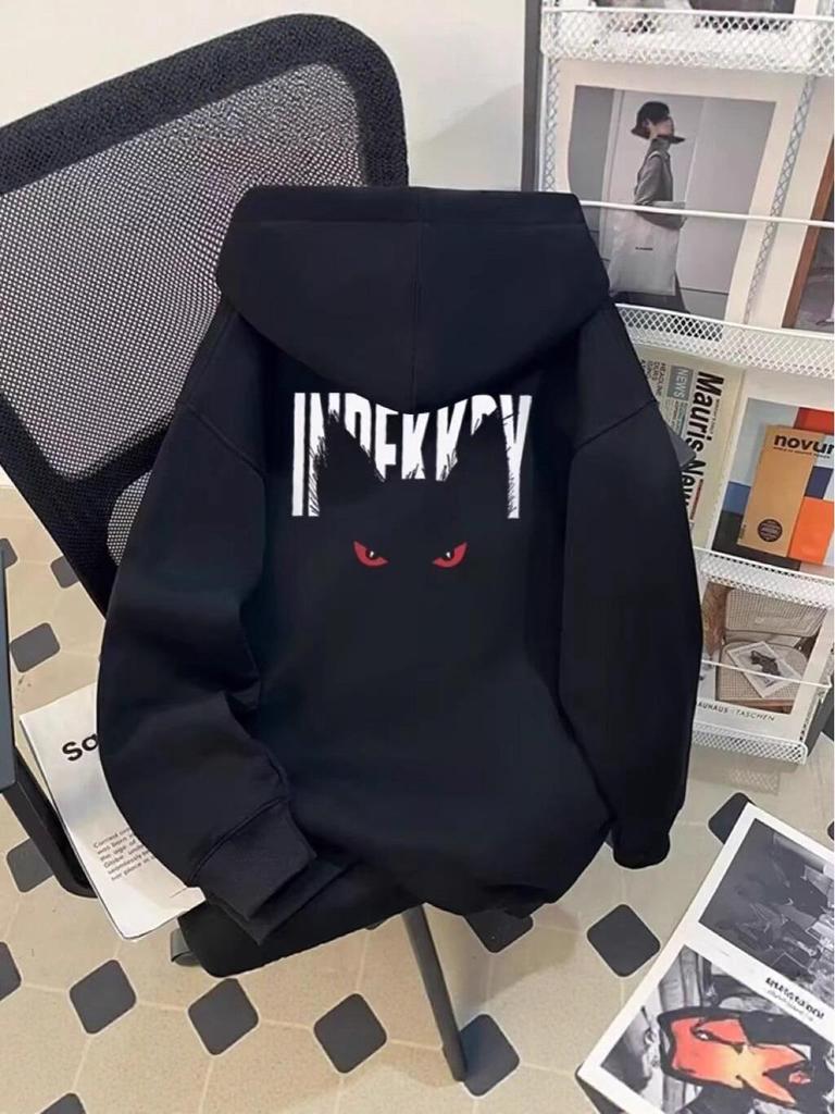 Plush-Lined Hooded Sweatshirt: Trendy Print Loose-Fit Men's Jacket for Autumn/Winter