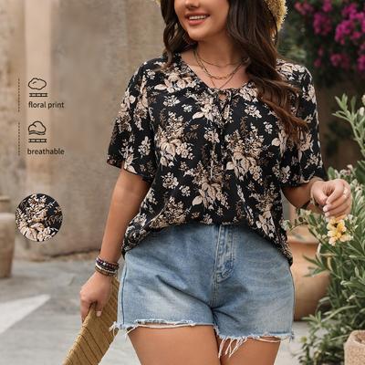 Women's Spring and Summer Temperament Casual Printed Short Sleeve Top Loose Top