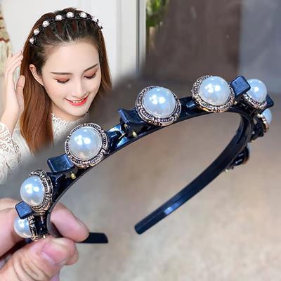 Hair Hoop Band with Clips Non-slip Shiny Rhinestone Inlay Headdress Hairstyle Fixing Acrylic Women Girls Bangs Clip Headband Cute Headwear Hair