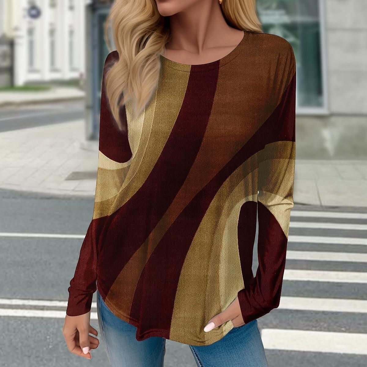 

Женская зимняя хлопковая футболка с геометрическим принтом, контрастные винтажные свободные рубашки с длинными рукавами и принтом, топ, весенне-осенняя элегантная женская футболка M