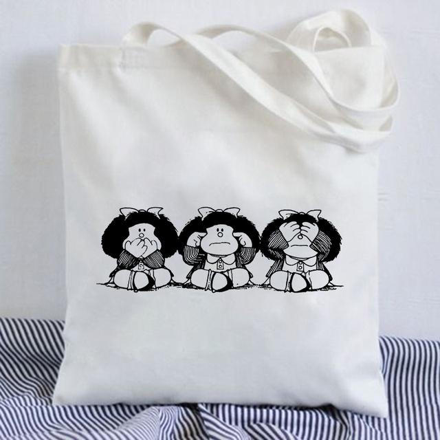 Kawaii Shopping Bag Mafalda Cute Anime Harajuku Canvas Bag Tote Bag Lady Handbag Large Capacity Shopper Bag Casual Shoulder Bag