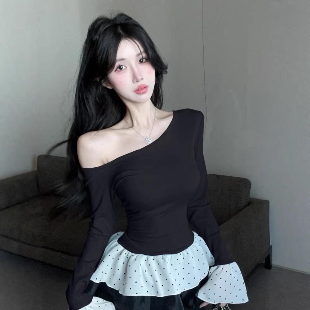 

Korean Blue Polka Dot Asymmetrical One-Shoulder Mesh Ballet Top for Women Small чёрный