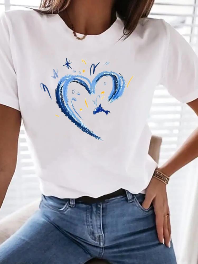 (Asian Size) Tee Top Clothing T Shirt Women Leopard Love Heart Fashion Woman Print Female Short Sleeve Graphic T-shirts