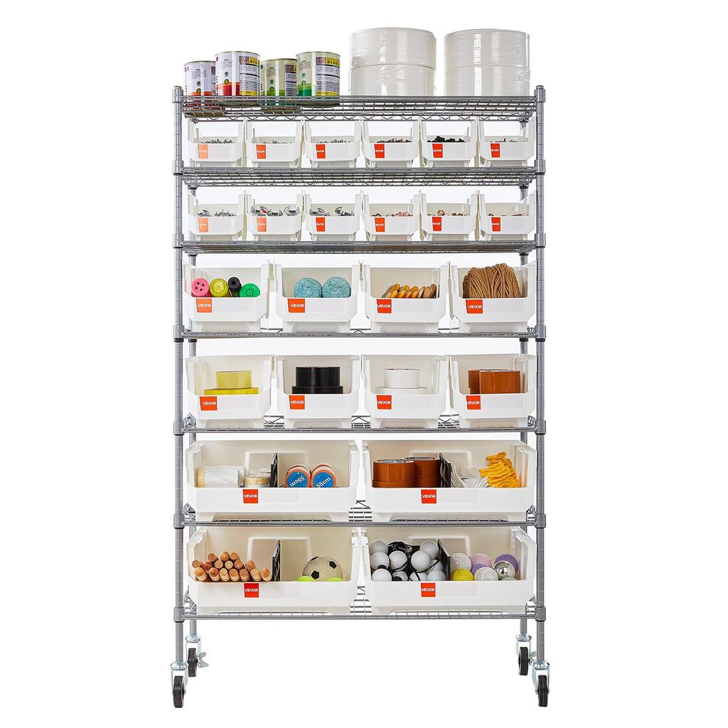 7-Tier Rolling Bin Storage Rack, 24 Organizer Bins, Bin Rack Storage Steel Wire Shelving System with Wheels, Mobile Tool Organizer for Garage,