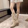 Hollow thick high-heeled western cowboy boots women's summer 2025 new retro matte tall cool boots medium Martin boots