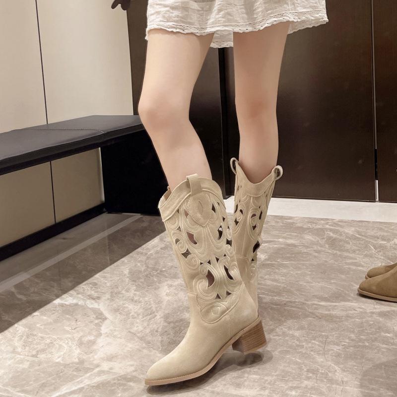 Hollow thick high-heeled western cowboy boots women's summer 2025 new retro matte tall cool boots medium Martin boots
