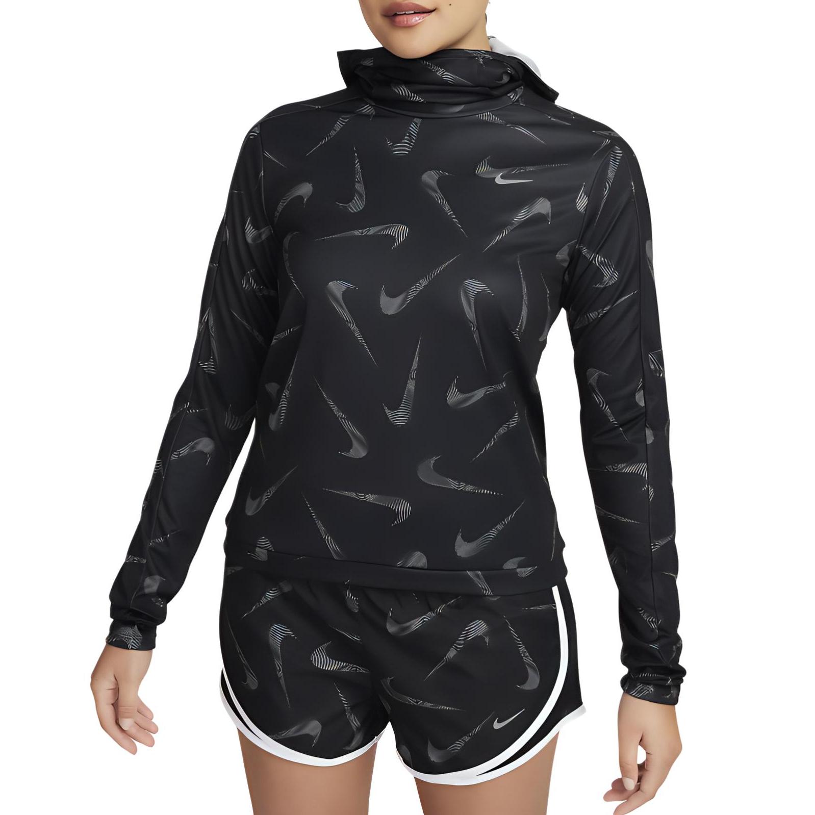 

Nike Мягкая эластичная удобная куртка с капюшоном и длинными рукавами, с принтом Swoosh по всей поверхности, женские куртки черного цвета FB4952-010 XS