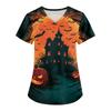 Women's Halloween Printed V-Neck Short Sleeve Scrub Top with Pockets