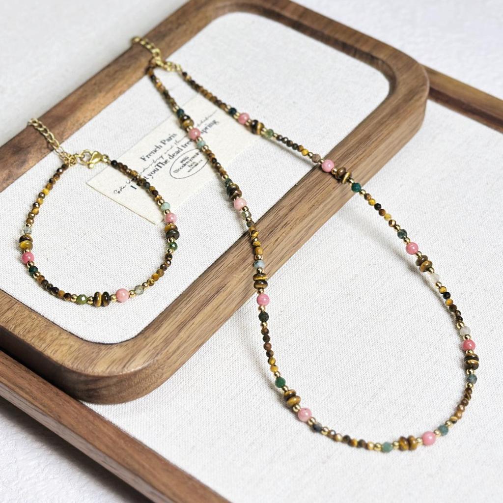 Vintage Rhodochrosit & Tigerauge Perlenkette - Bunte, vielseitige Schlüsselbein-Kette für modische Pullover