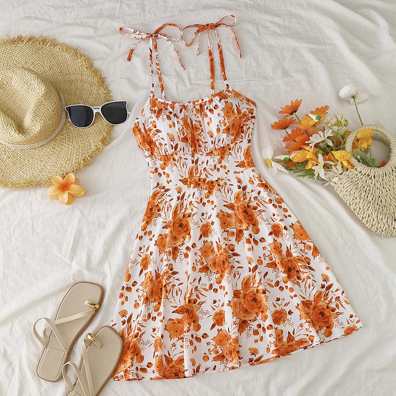 French Floral Gradient Spaghetti Strap Dress - Elastic Waist, Summer Vacation Style