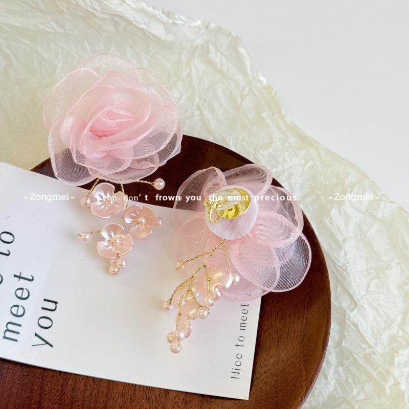 Pink Flower Tassel Clip-On Earrings - Elegant, Fairy-Inspired Design for Women