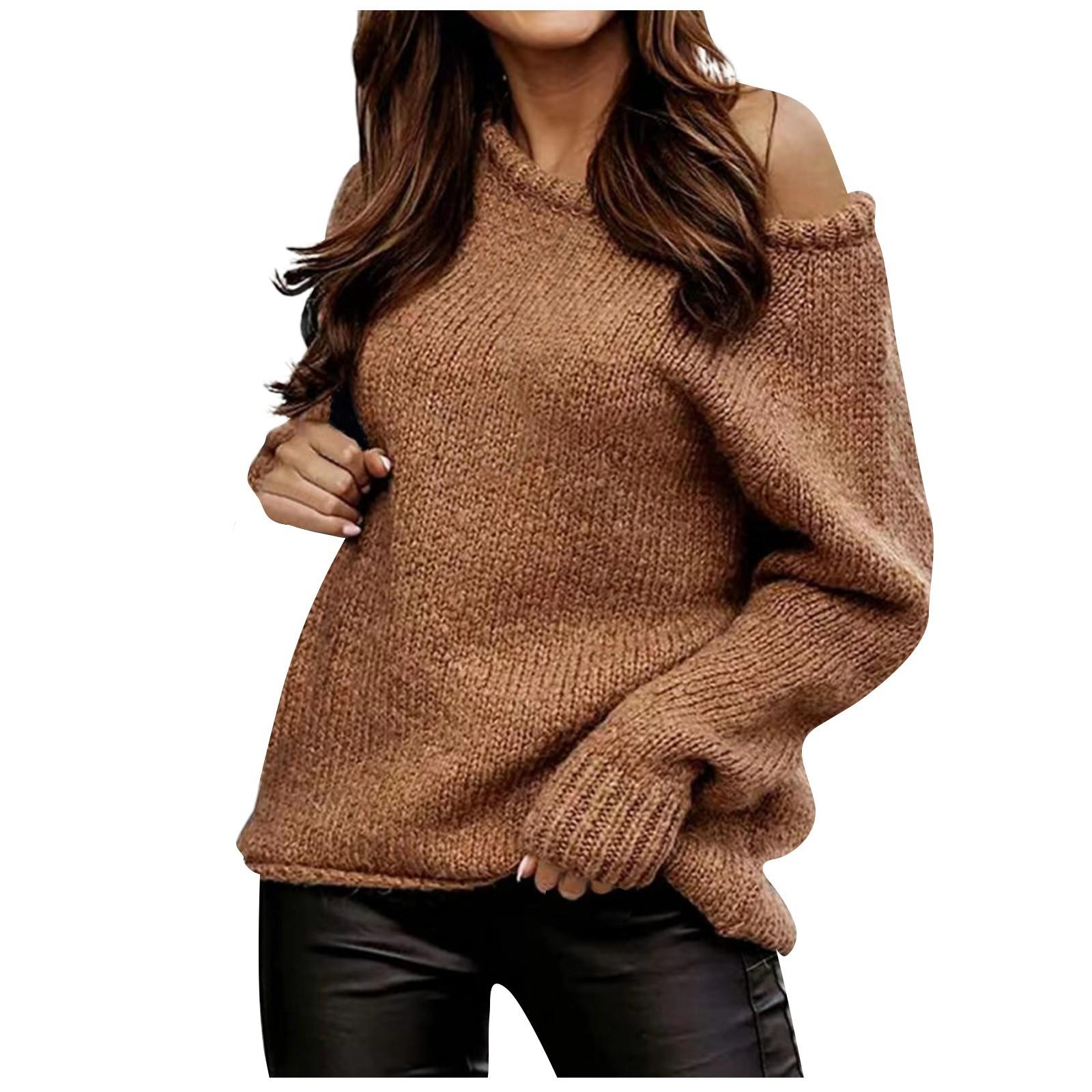 

Women s Autumn/Winter Off Shoulder Sexy Round Neck Pullover Knitwear Solid Color Casual Loose Large Sweater XL