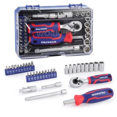WORKPRO Bit Ratchet Set, Socket Wrench Set, Screwdriver Set, 34-Piece Set, 6.35mm (1/4 Inch) Drive, Dual-Use Head, Mini Type Ratchet Wrench, Extension
