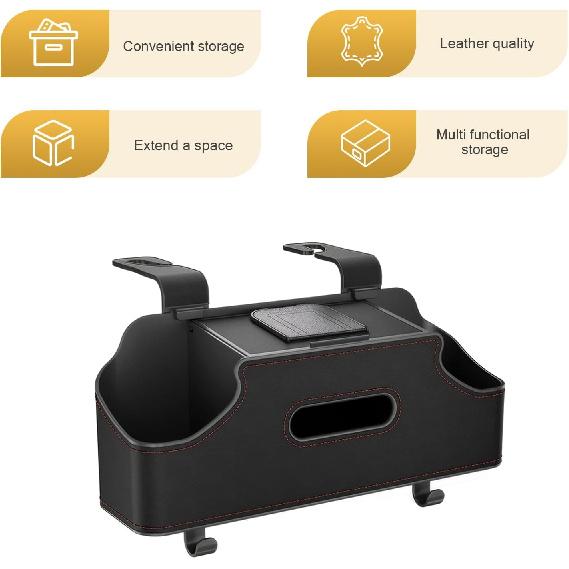 Car Seat Back Organizer, Multi-functional Storage Box for Tissue Water Cup Phone Umbrella Bag, Strong Load-bearing 2 Hooks 2 Drink Cup Holders,