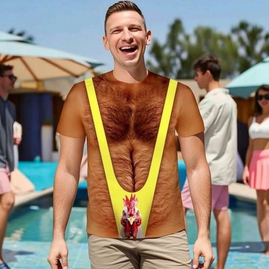 Chest Hair Toupee T-Shirt, Men Funny Muscle Shirt with False Chest Hair, Six Pack Ugly Muscle Tee, Loose Fit Shirt for Bachelor Party Carnivals