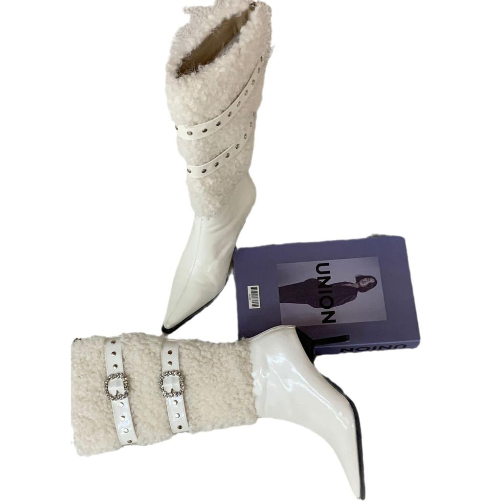 Pointed fine heel lamb wool rivet velvet boots women's autumn and winter rhinestone belt buckle high heel boots