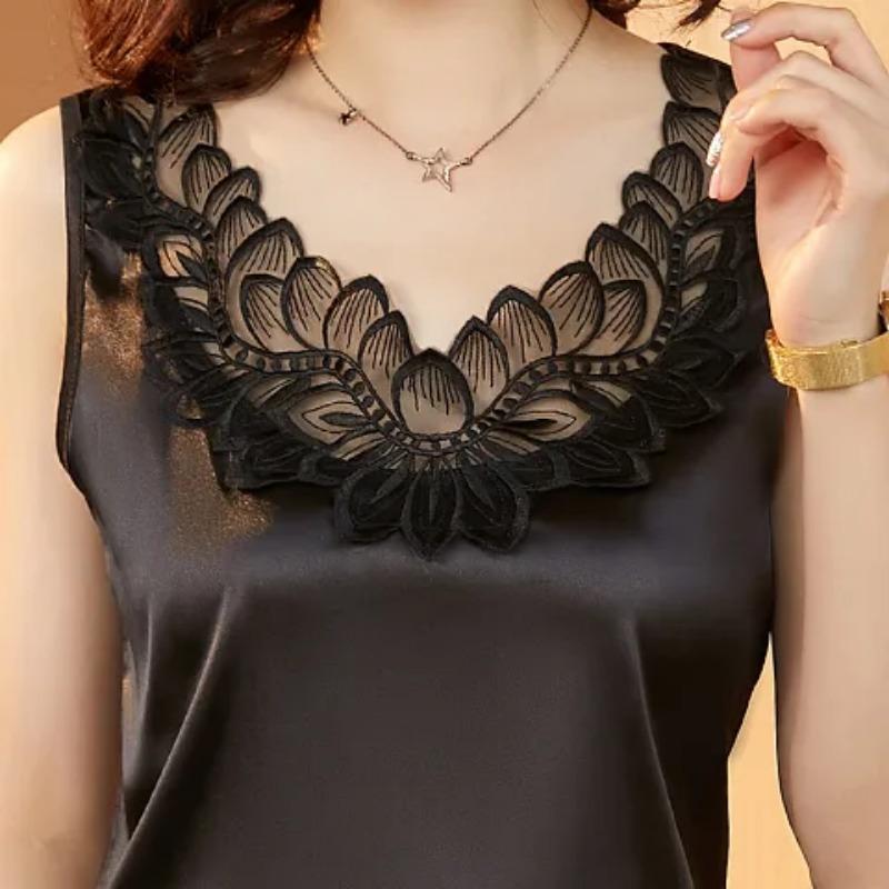Women's White Satin Camisole Top V Neck Lace Trim Sleeveless Casual Tank Top