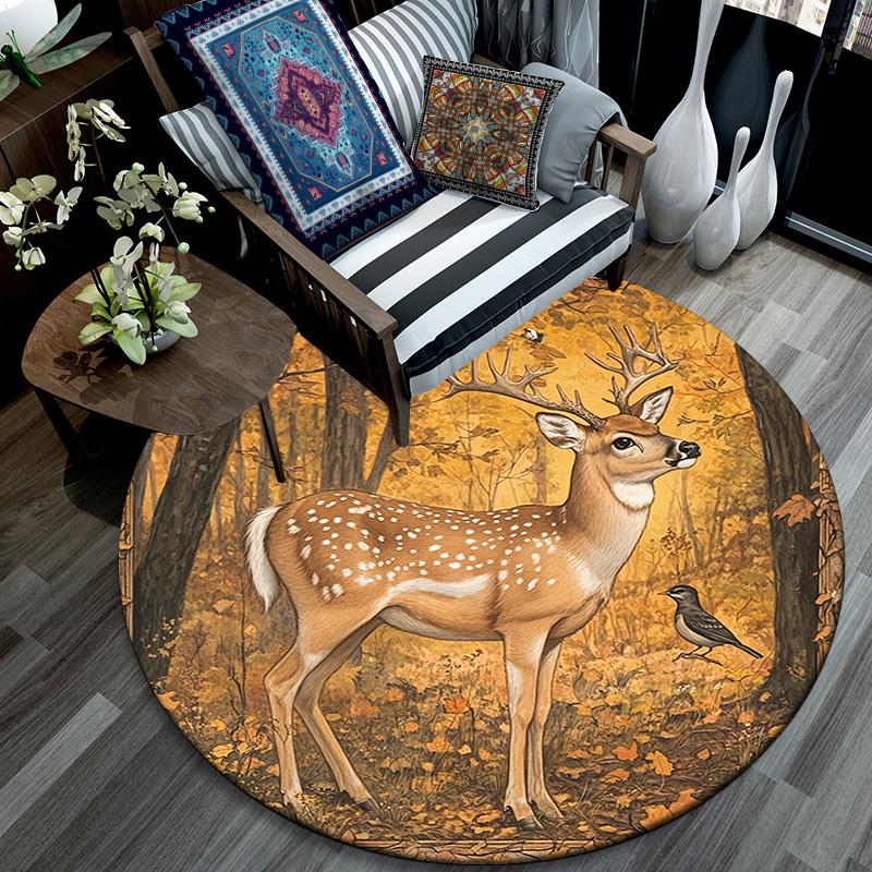 Forest Deer Round Area Rug,Carpet Rug for Living Room Bedroom Sofa Playroom Decor,Non-slip Floor Mat