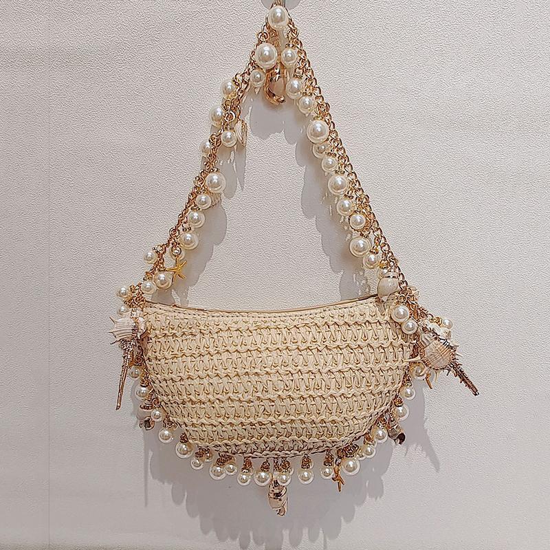 Yogodlns Women's Bohemian Straw Bag Pearls Shell Hand-Woven Handbags Handwoven Conch Starfish Beach Bag Rattan Half Moon Shoulder Bags