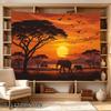 2D Flat - 2D Flat - 1pc 2D Flat Tapestry Silhouettes of Elephants And Birds Against a Vibrant Sunset Over The Savanna Landscape