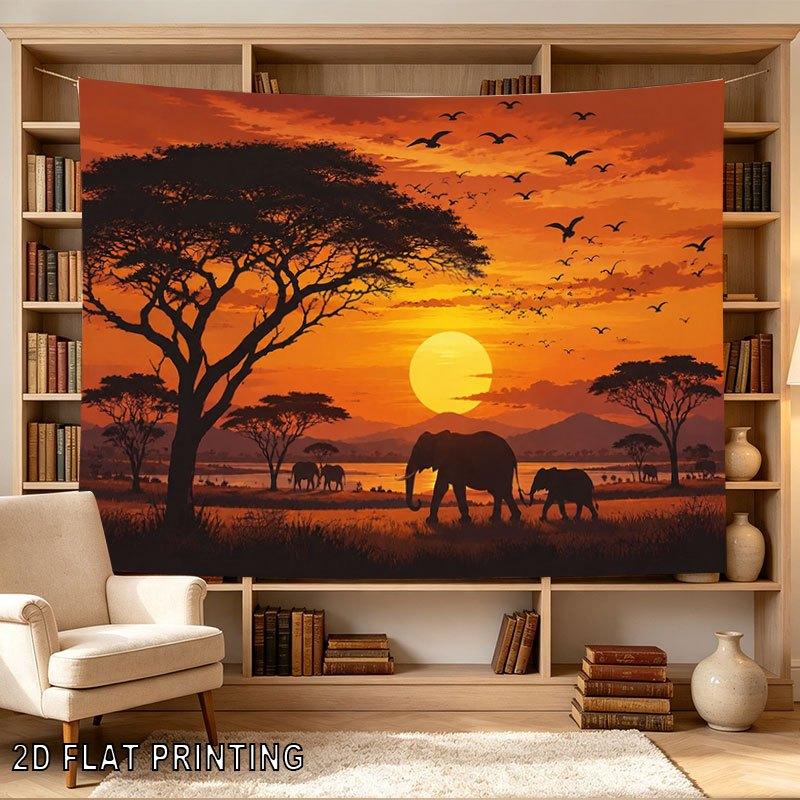 2D Flat - 2D Flat - 1pc 2D Flat Tapestry Silhouettes of Elephants And Birds Against a Vibrant Sunset Over The Savanna Landscape