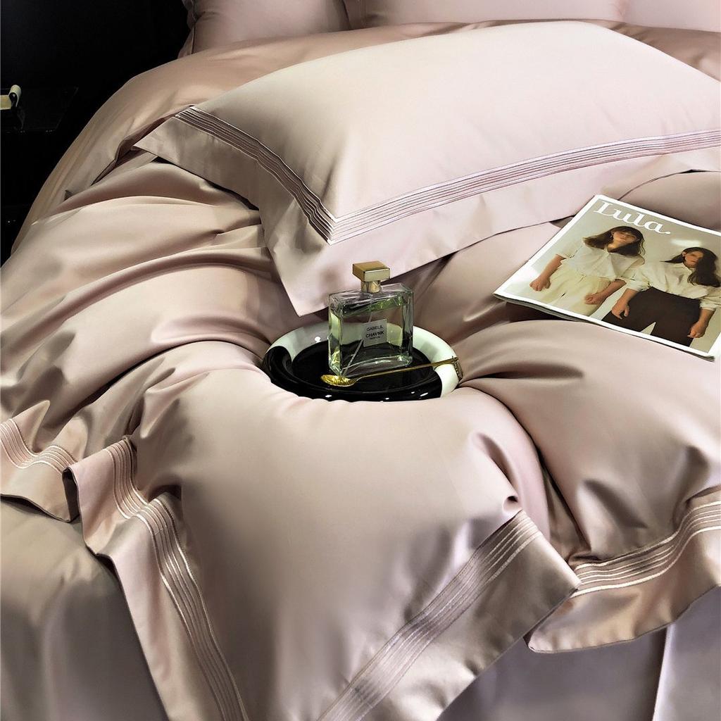 100% Cotton Luxury Minimalist Modern Solid Color 5-Line Stitch 4-Piece Duvet Cover Bedding Set All-Season Premium Home Textiles