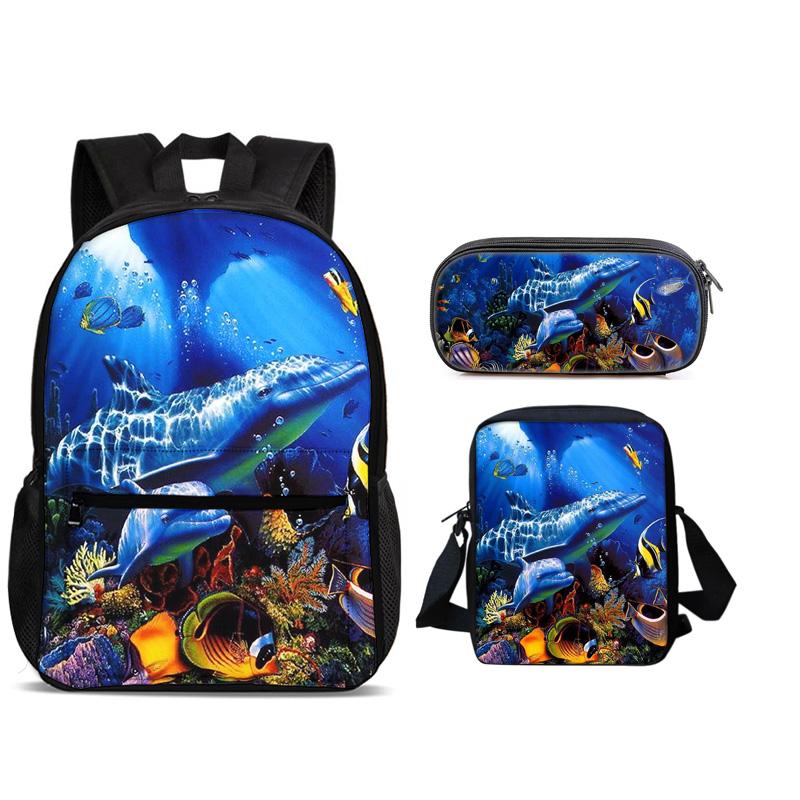 Mondo Subacqueo Zaino Portapenne Borsa a Spalla Set 3pz Versatile Cartone Animato Grande Capacità Ragazzo e Ragazza Scuola Compleanno Miglior Regalo