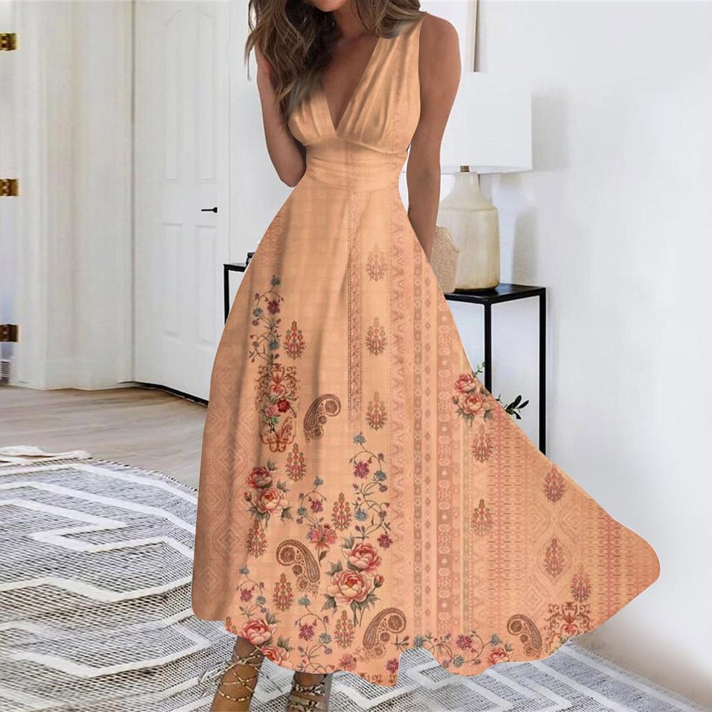 Women's Summer Fashion  Print V-Neck Sleeveless Waist Tie Dress