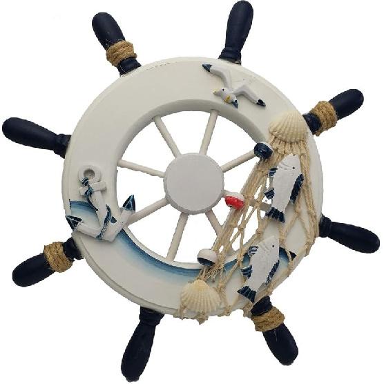 Nautical Ship Wheel Wall Decor, 18 In, White and Turquoise, Beach Theme with Seashells and Fish Net (11 Inch Crack Finishing)